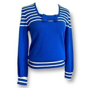 Vintage 1980s Womens Blue Kawaii Sweater Sz S/M Sailor Stripe Bow Wool Angora